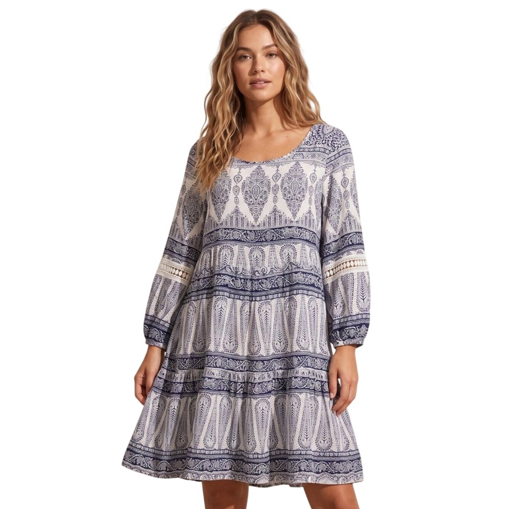 EASEL Navy Blue Paisley Tiered Boho Tunic Dress Crochet Crochet Sleeve NWT $78